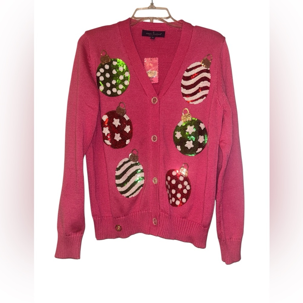 Simply Southern- Sparkly Sequin Pink Cardigan Sweater with Ornaments -Size Large - Picture 3 of 8